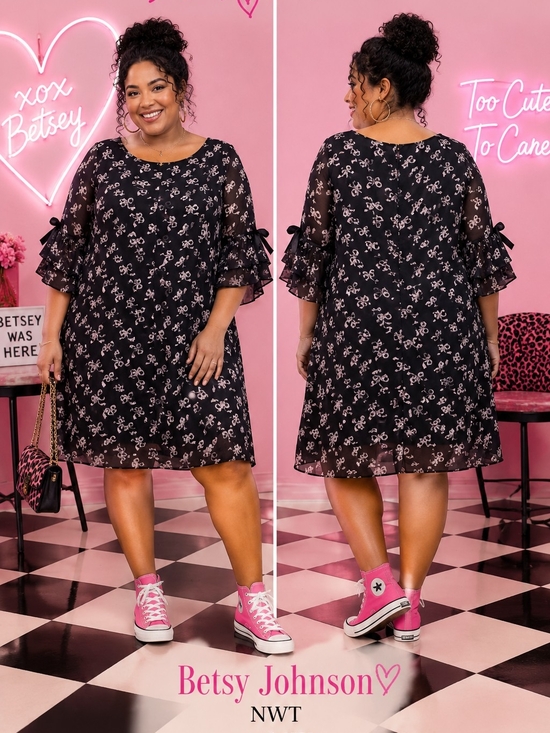 Betsey Johnson Dresses & Skirts - Betsey Johnson NWT 14W Black Floral Chiffon Dress Bow Flutter Sleeves MSRP $144